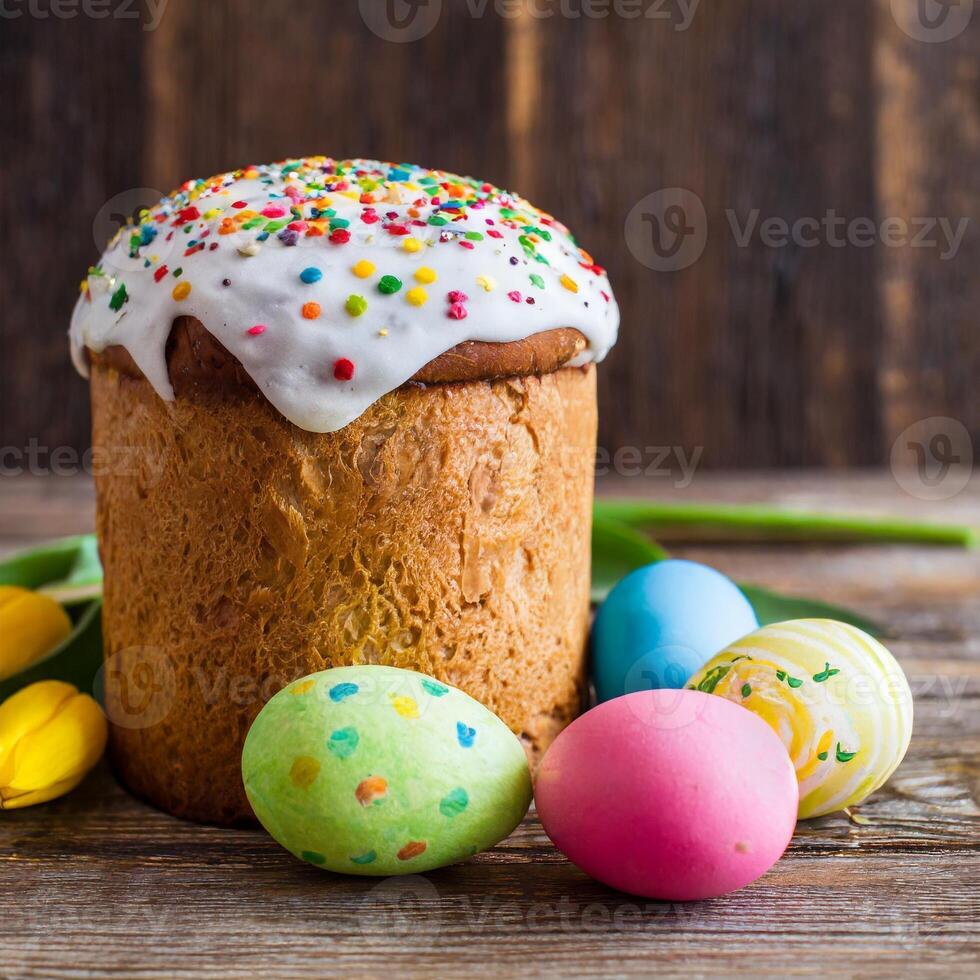 Easter egg panettone bread cake background Happy easter spring holiday tulip photo