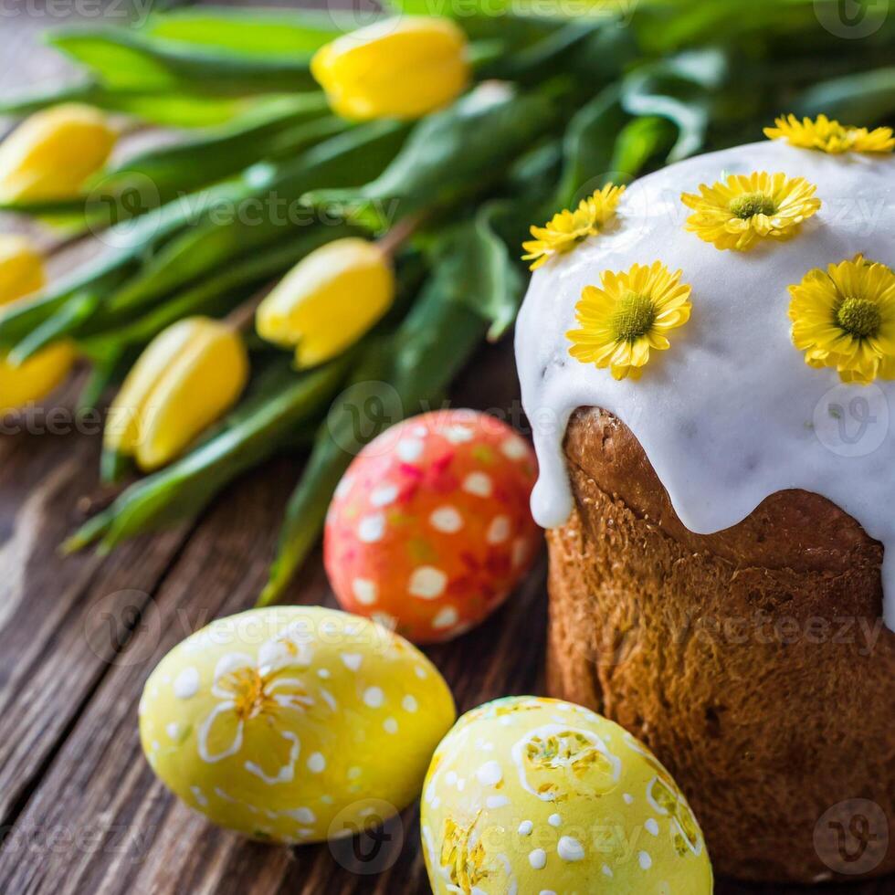 Pascua de Resurrección huevo Panettone un pan pastel antecedentes contento Pascua de Resurrección primavera fiesta tulipán foto