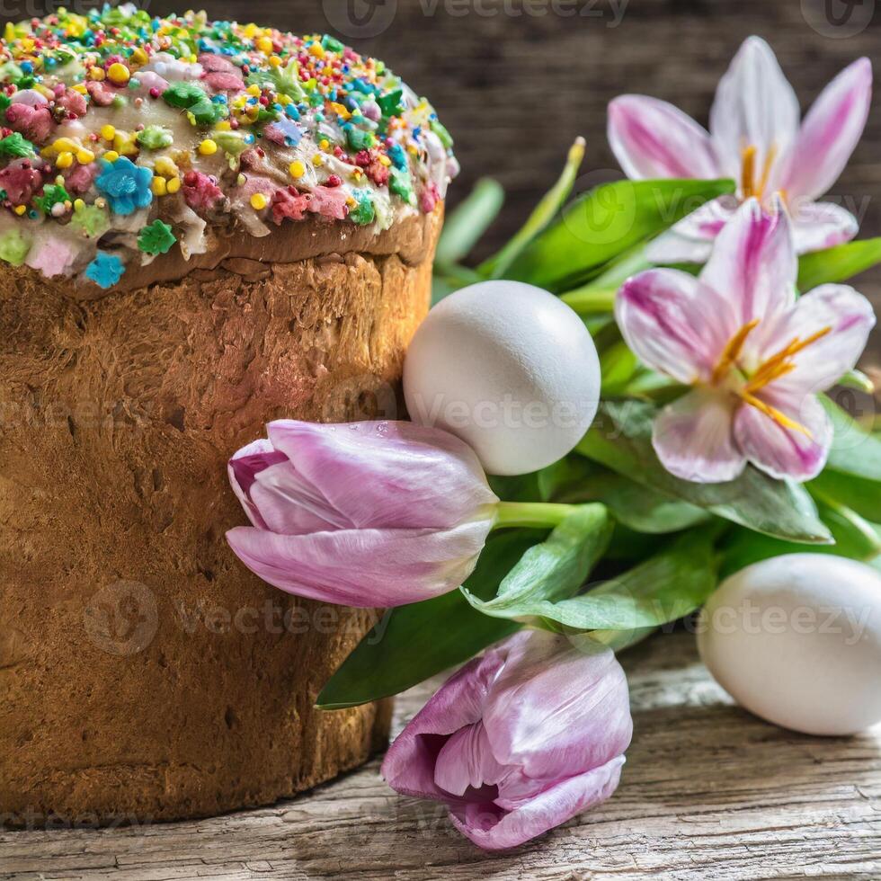 Easter egg panettone bread cake background Happy easter spring holiday tulip photo