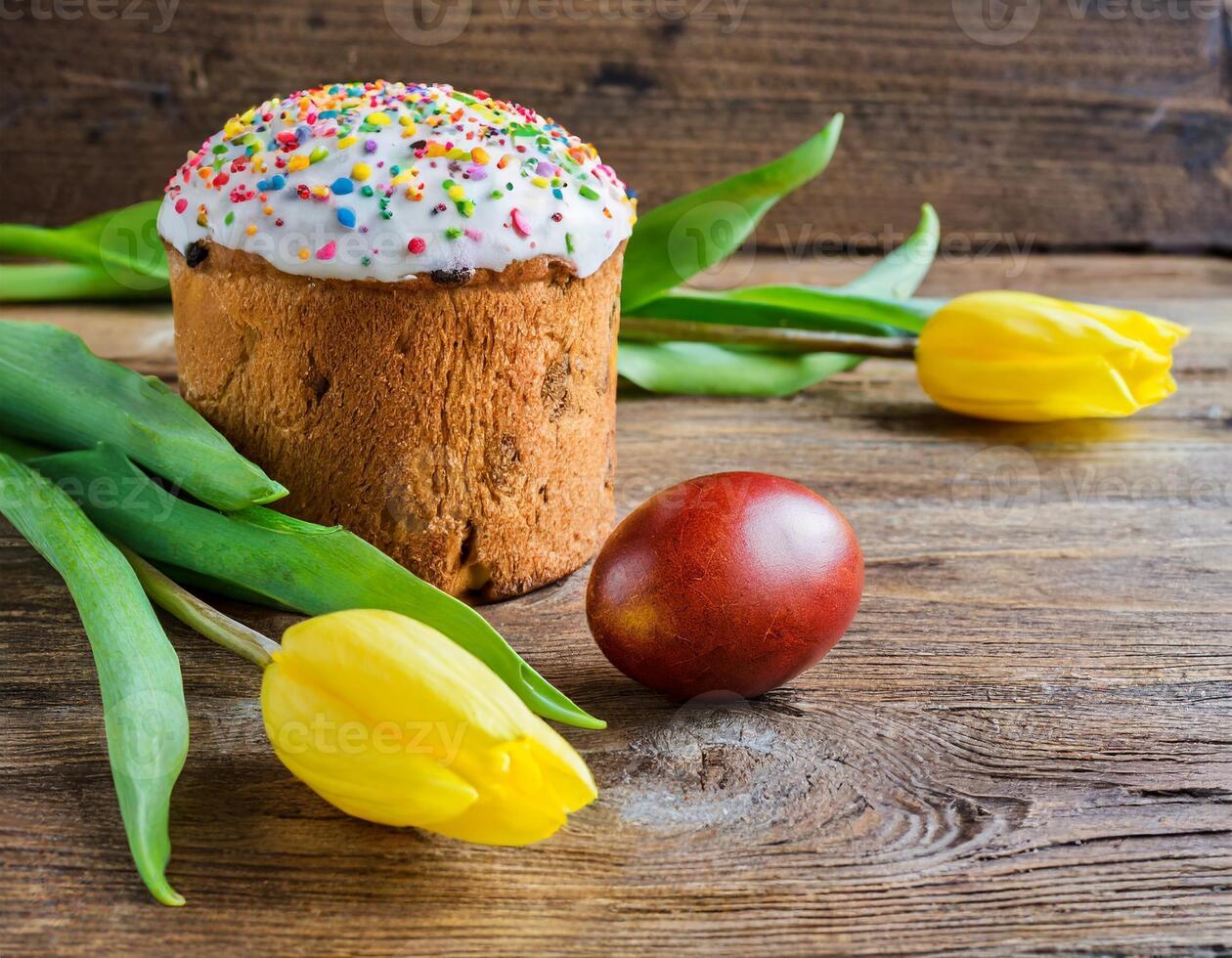 Pascua de Resurrección huevo Panettone un pan pastel antecedentes contento Pascua de Resurrección primavera fiesta tulipán foto