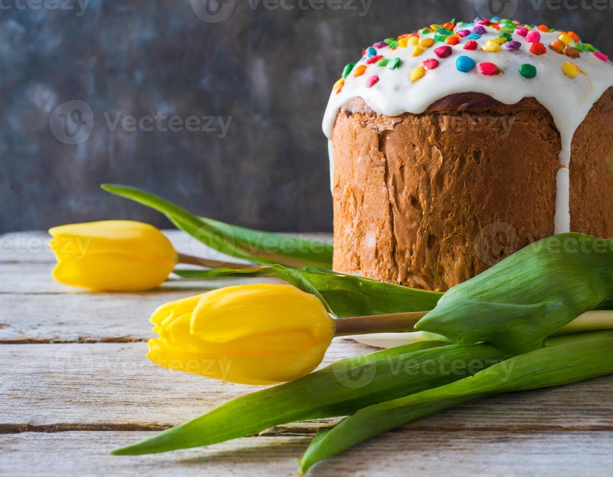 Easter egg panettone bread cake background Happy easter spring holiday tulip photo