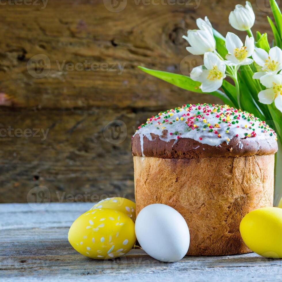 Pascua de Resurrección huevo Panettone un pan pastel antecedentes contento Pascua de Resurrección primavera fiesta tulipán foto