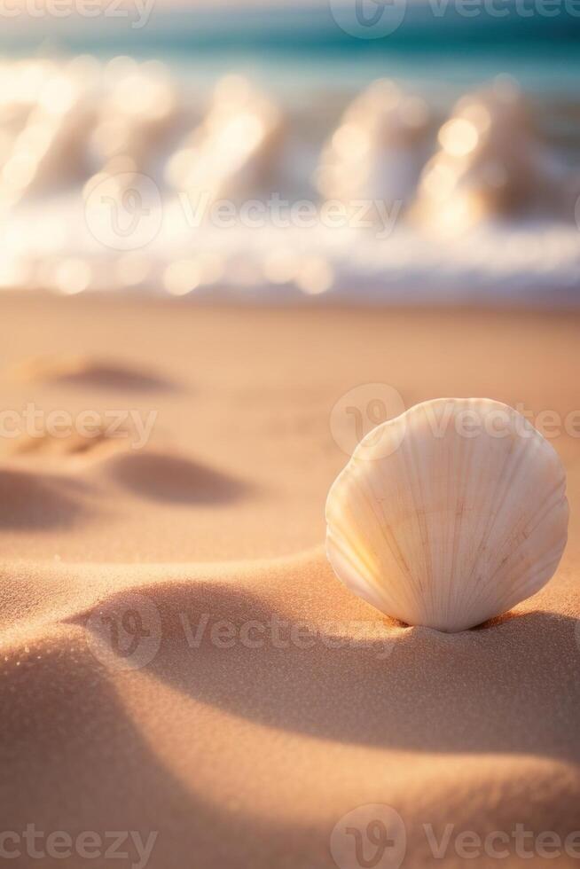 AI generated a shell on the sand with waves in the background photo