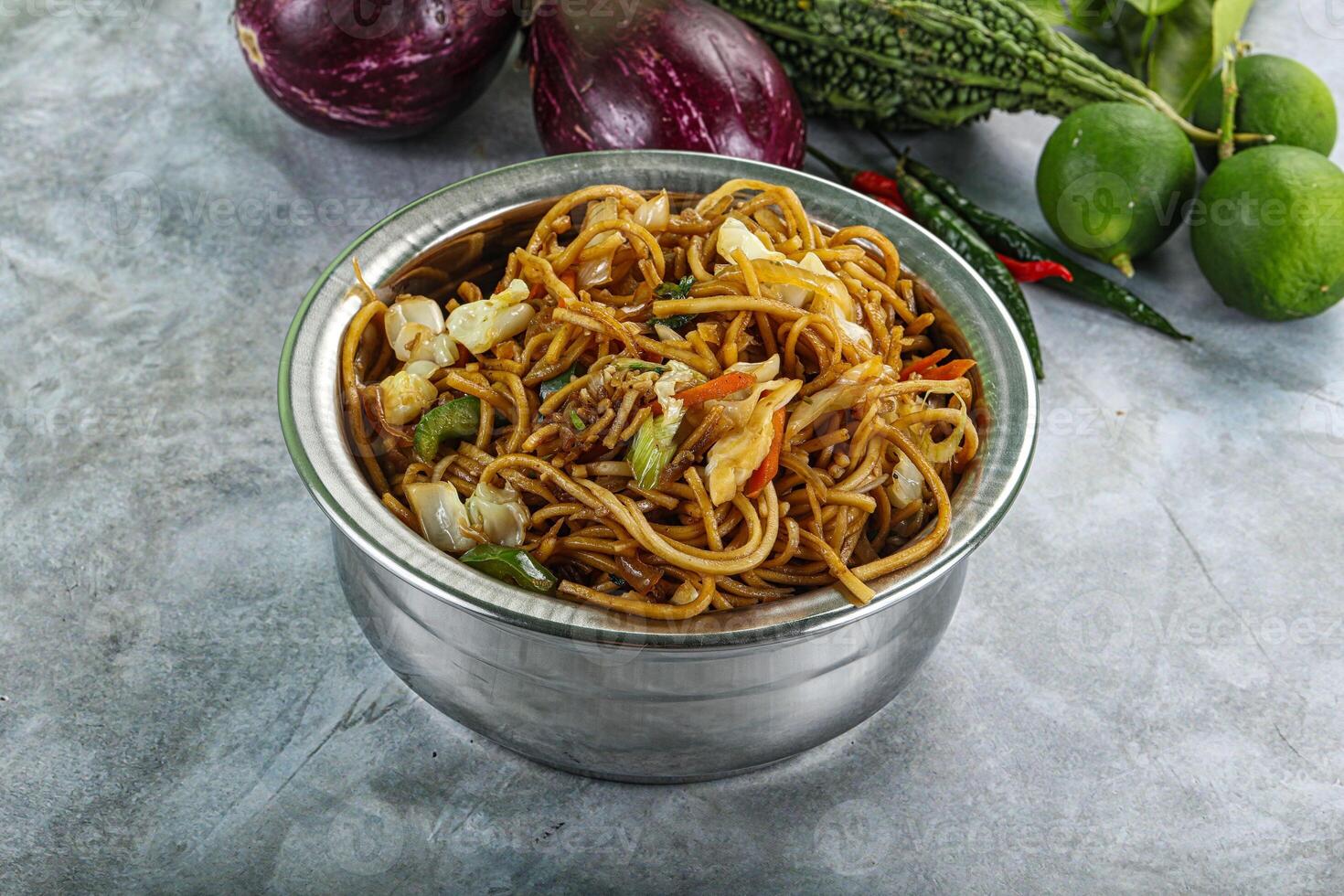 Stir fried noodles with vegetables photo