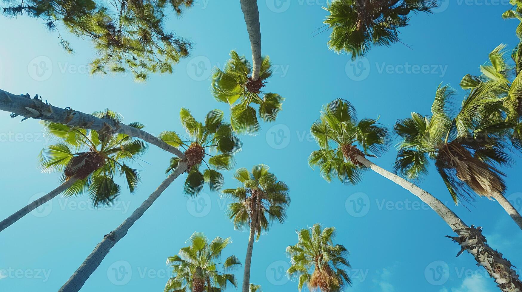 AI generated Blue Sky and Palm Tree. Beach, Summer, Vacation, Travel, Tropical, Sea, Holiday, Island, Cloud, Day photo