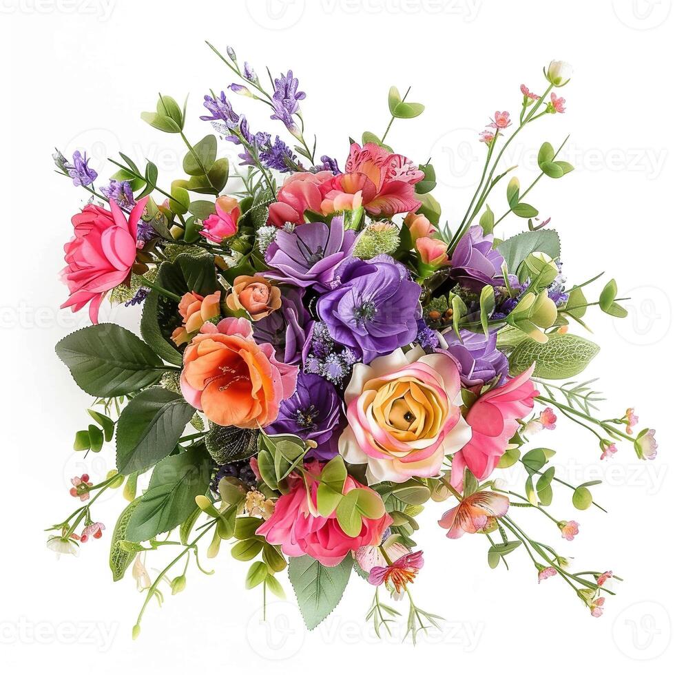 AI generated Colorful Spring Flower Bouquet Arrangement on White Background. Floral, Plant, Bloom, Petals photo