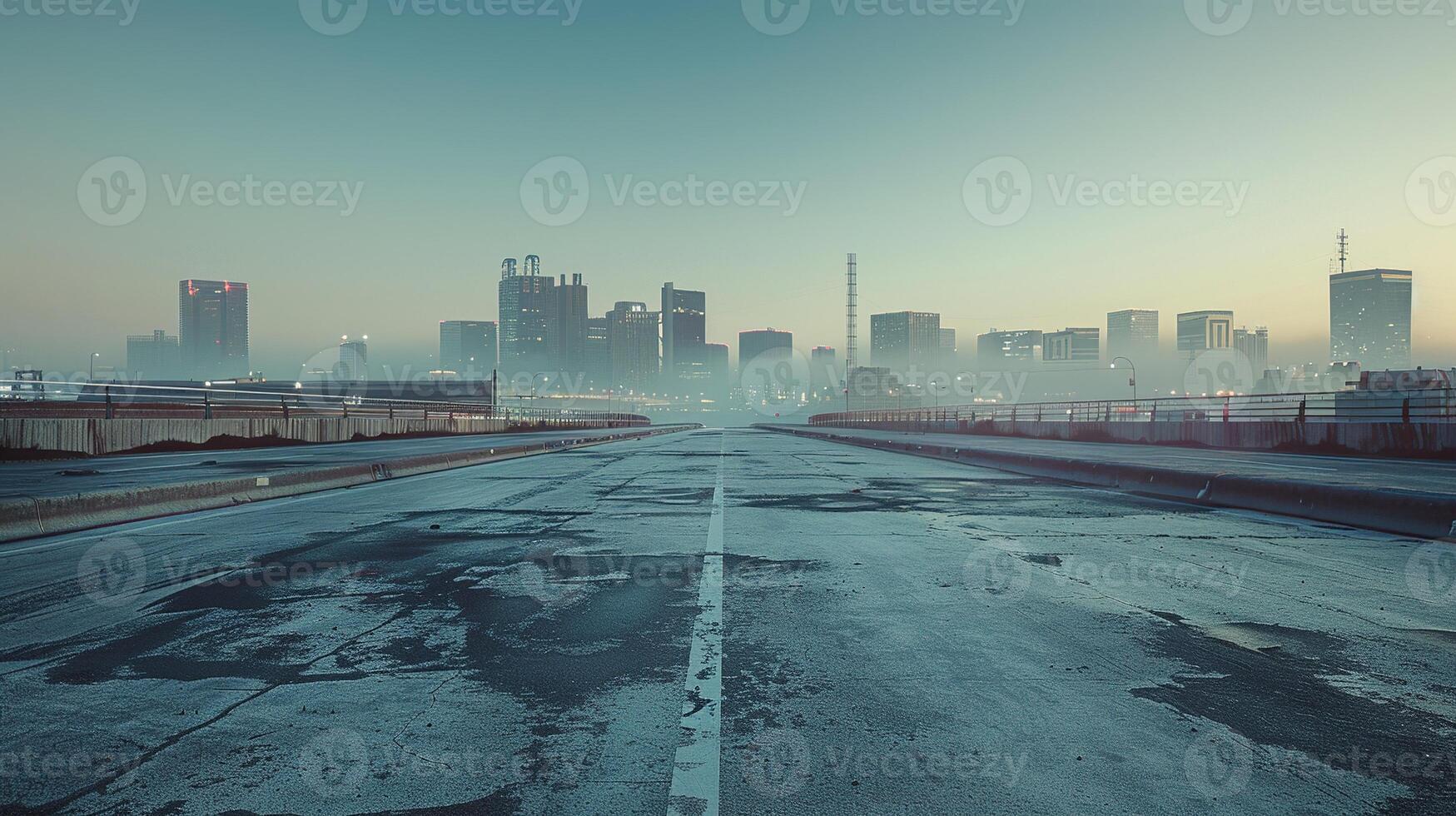 AI generated Empty Asphalt Road with City Skyline. Road, Path, City, Process, Goal, Urban, Journey, Travel photo