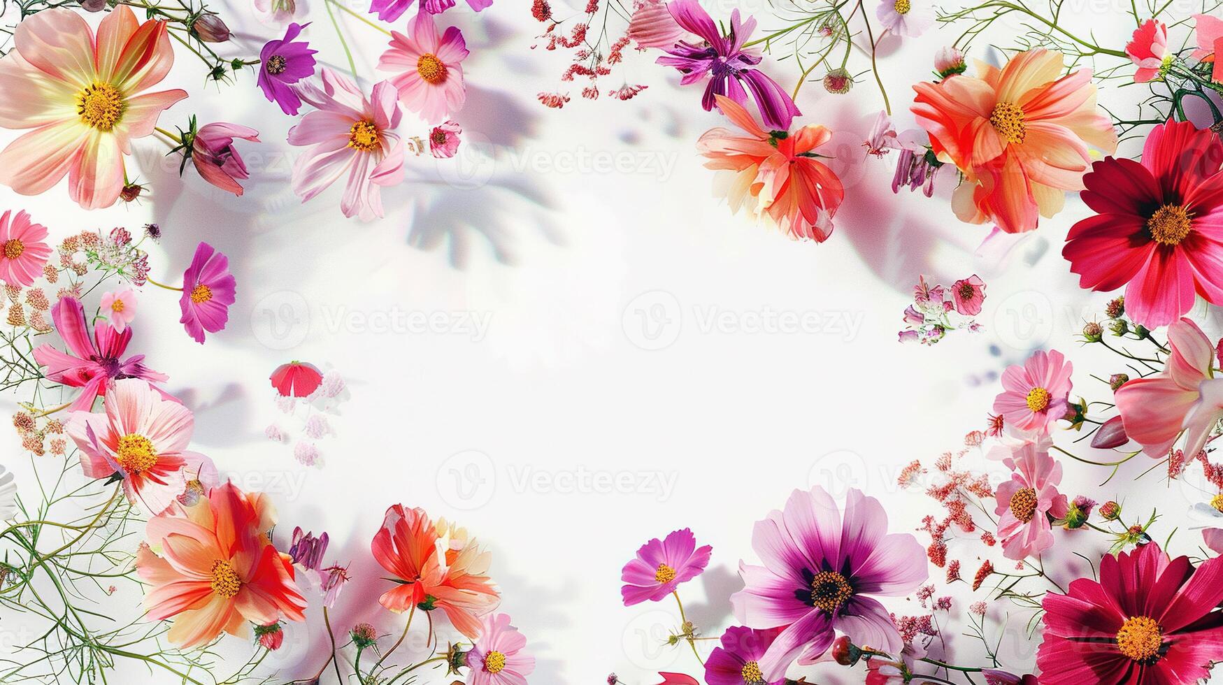 AI generated Colorful Flower Frame on White Background. Women Day, Mother Day, Decoration, Greeting, Card photo