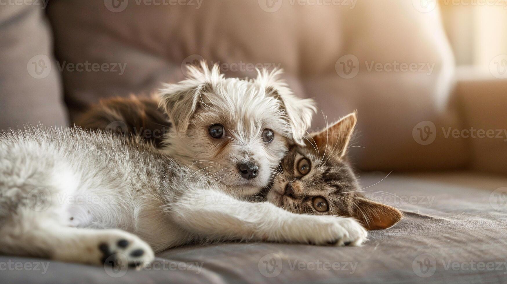 ai generado perrito y gatito acostado juntos. amar, adorable, lindo, animal, amistad, cuidado, gato, perro, abrazo, mascota foto