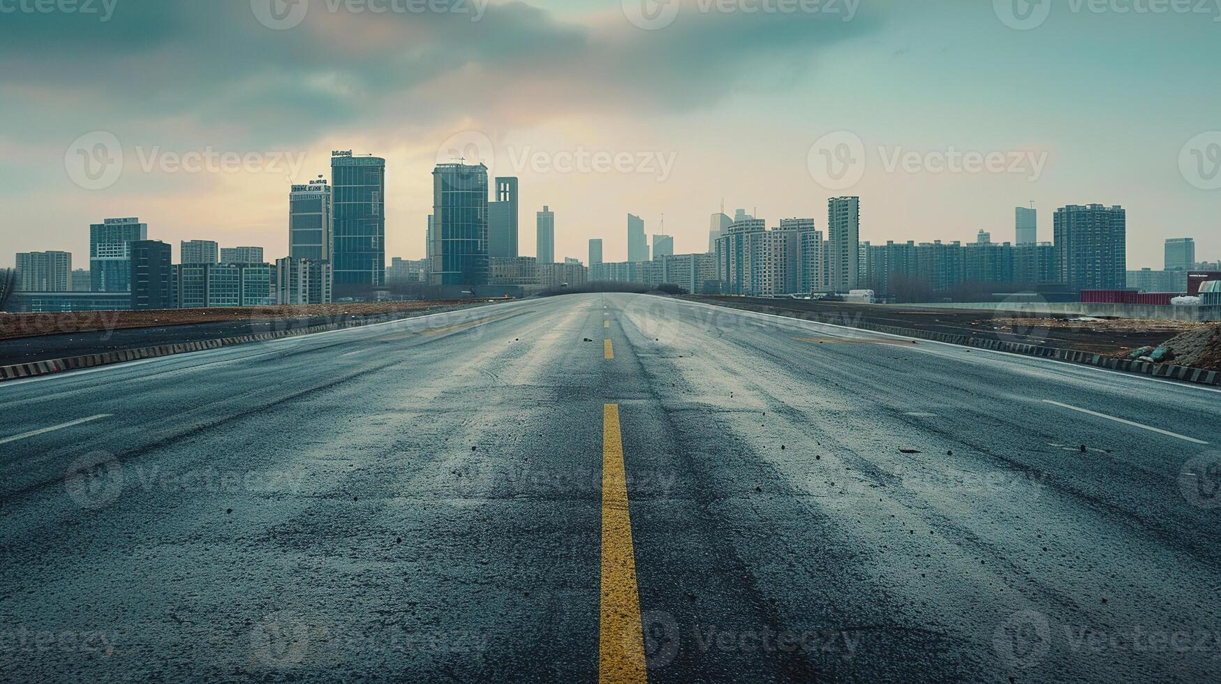 AI generated Empty Asphalt Road with City Skyline. Road, Path, City, Process, Goal, Urban, Journey, Travel photo