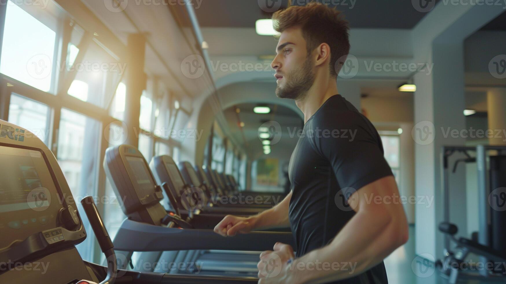 AI generated Handsome Man Working Out at Gym, Running on Treadmill and Doing Fitness Exercises. Health photo