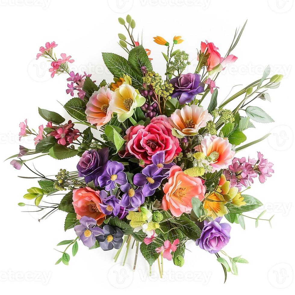 AI generated Colorful Spring Flower Bouquet Arrangement on White Background. Floral, Plant, Bloom, Petals photo