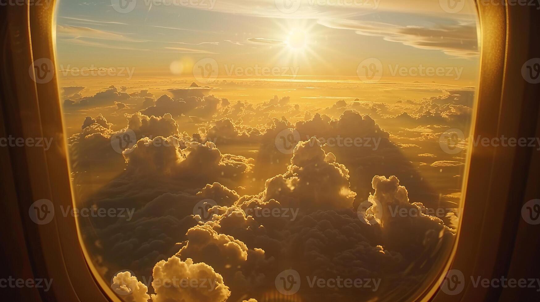 AI generated Sky Full of Clouds and Sunset from Plane Window. Cloud, Aeroplane, Nature, Landscape, Weather, Light, Air photo