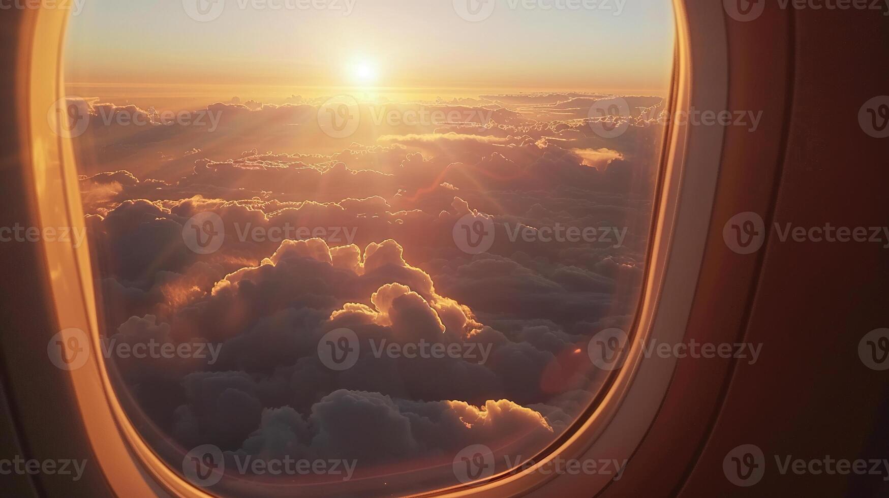 AI generated Sky Full of Clouds and Sunset from Plane Window. Cloud, Aeroplane, Nature, Landscape, Weather, Light, Air photo