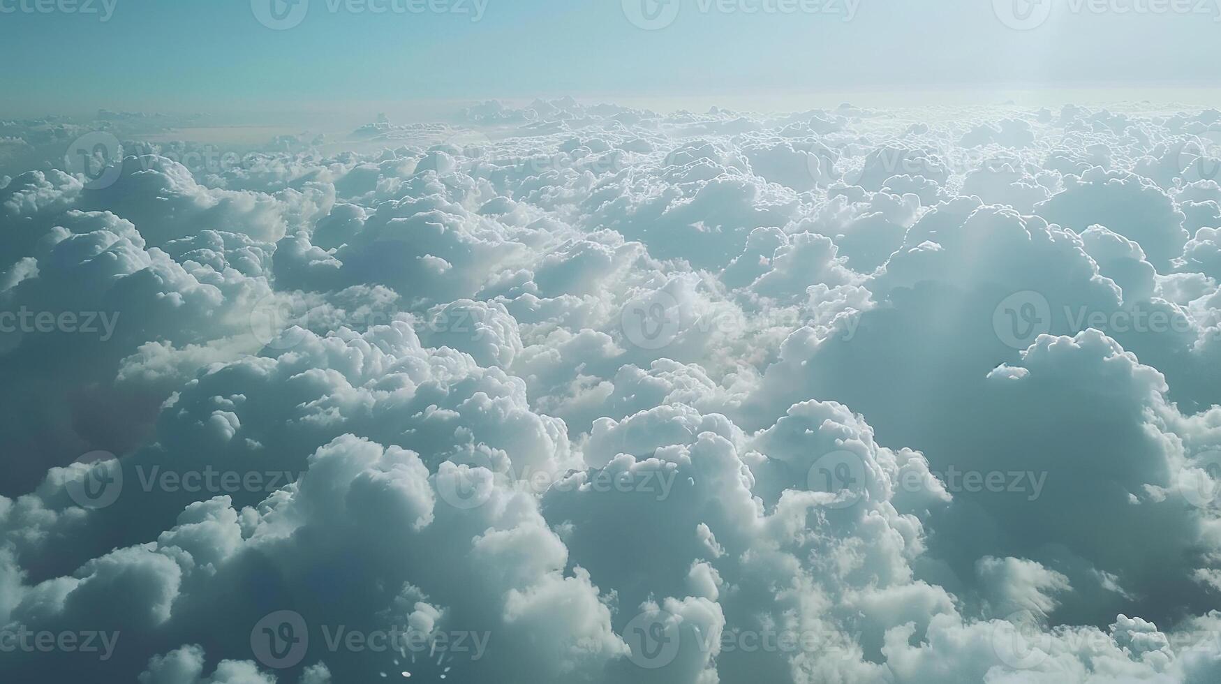 AI generated Sky Full of Clouds from Plane Window. Cloud, Aeroplane, Nature, Landscape, Weather, Light, Air photo