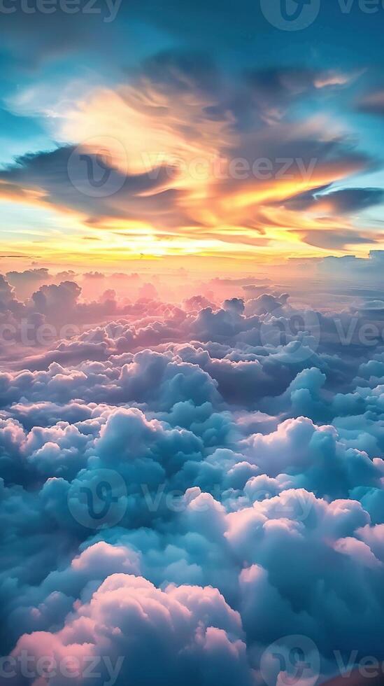 AI generated Sky Full of Clouds and Sunset from Plane Window. Cloud, Aeroplane, Nature, Landscape, Weather, Light, Air photo