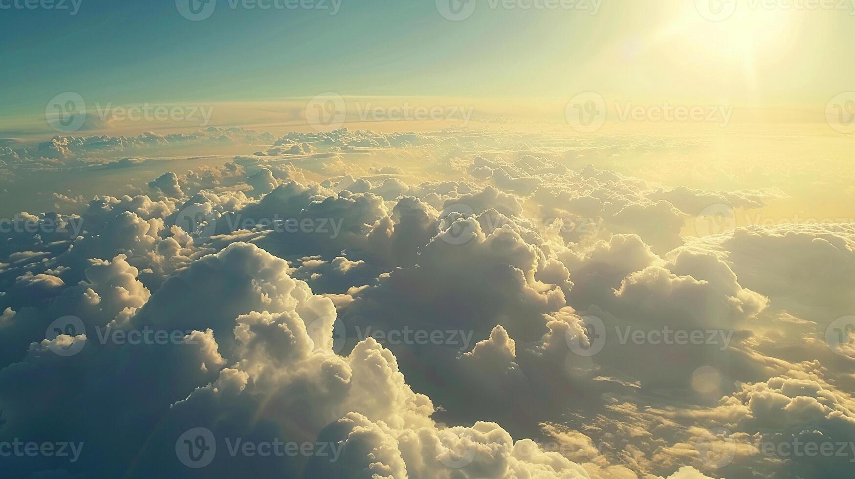 AI generated Sky Full of Clouds from Plane Window. Cloud, Aeroplane, Nature, Landscape, Weather, Light, Air photo