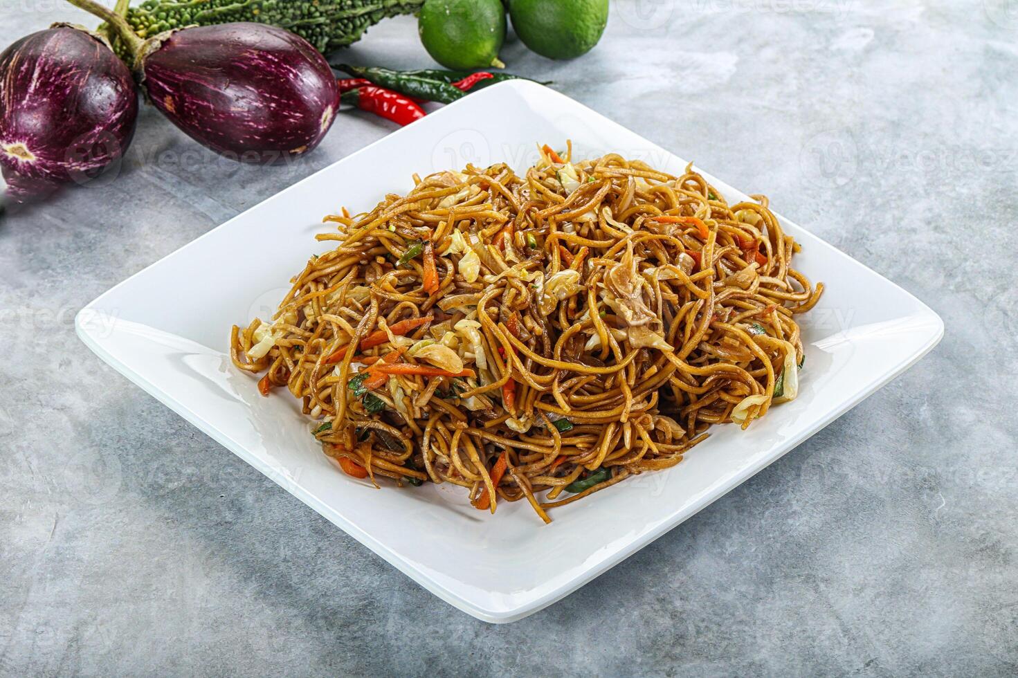 Stir fried noodles with vegetables photo