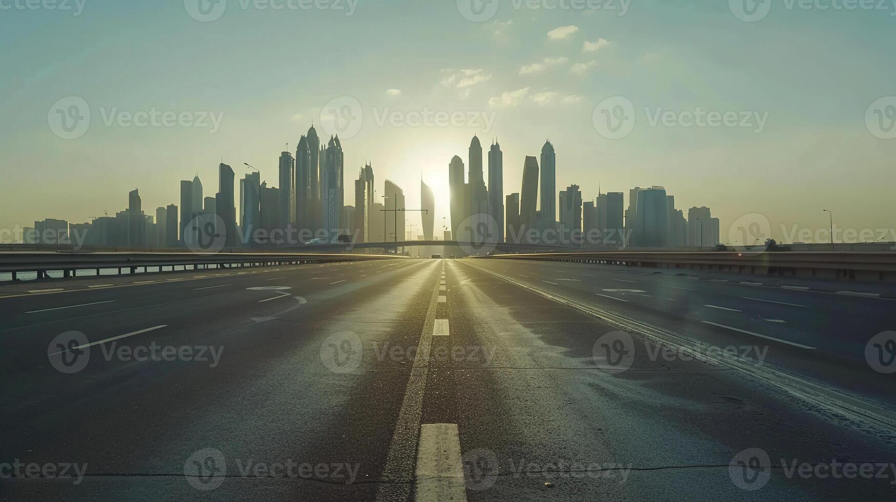AI generated Empty Asphalt Road with City Skyline. Road, Path, City, Process, Goal, Urban, Journey, Travel photo