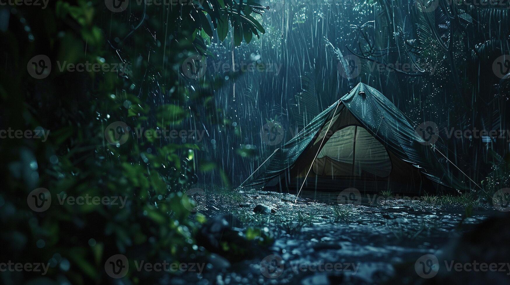 AI generated Tent in the Tropical Forest with Rain at Night. Tropic, Calm, Peaceful, Quiet, Camping, Relax photo