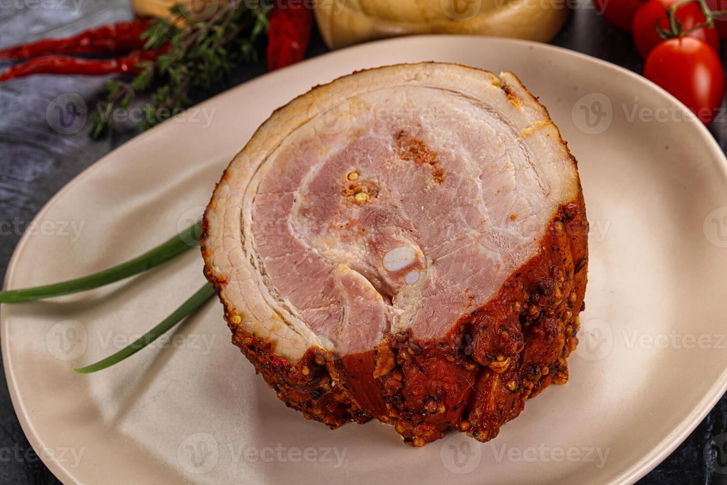 Tasty and fat smoked pork belly photo