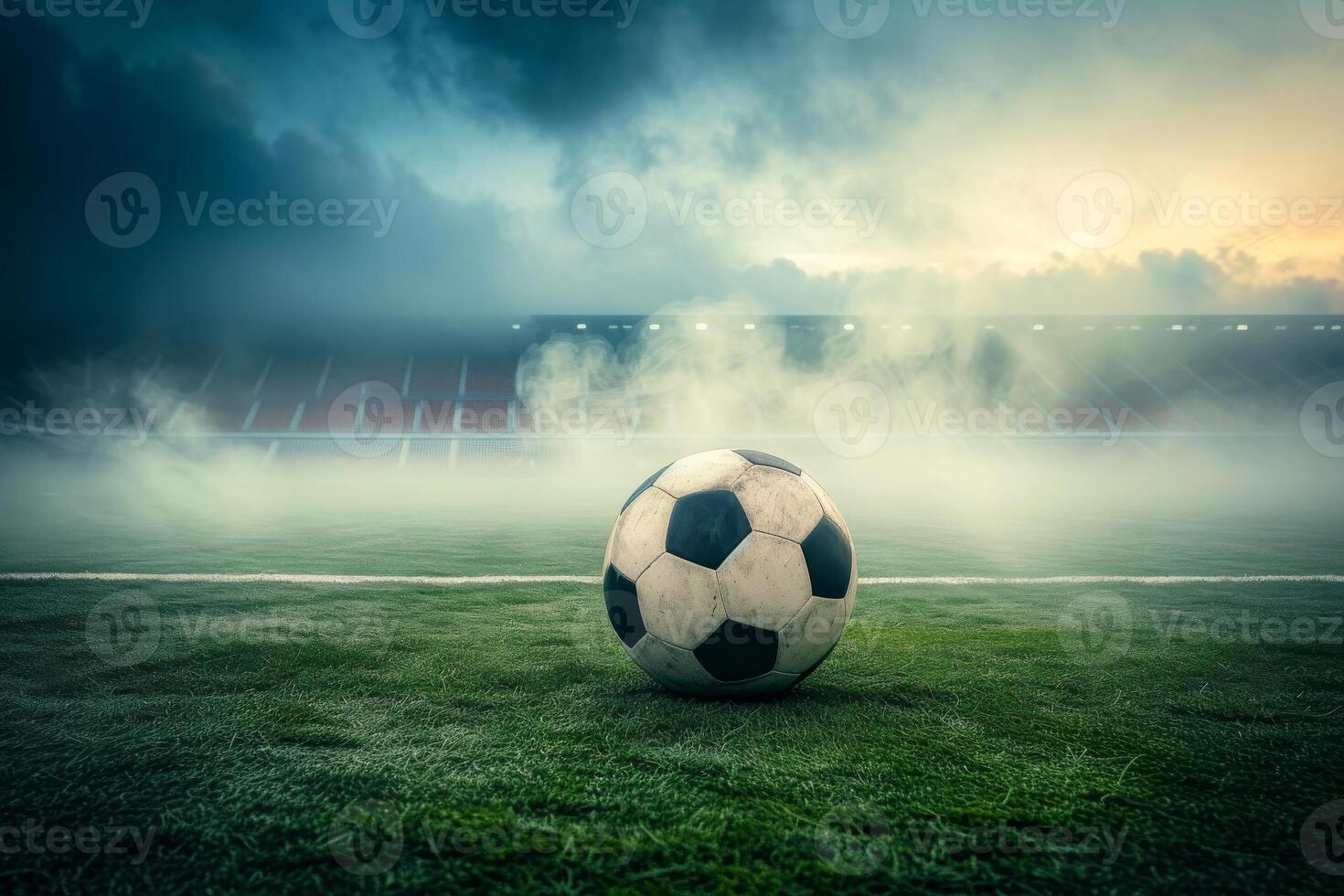 AI generated Close-up of old soccer ball in the stadium in the evening light, Generative AI photo