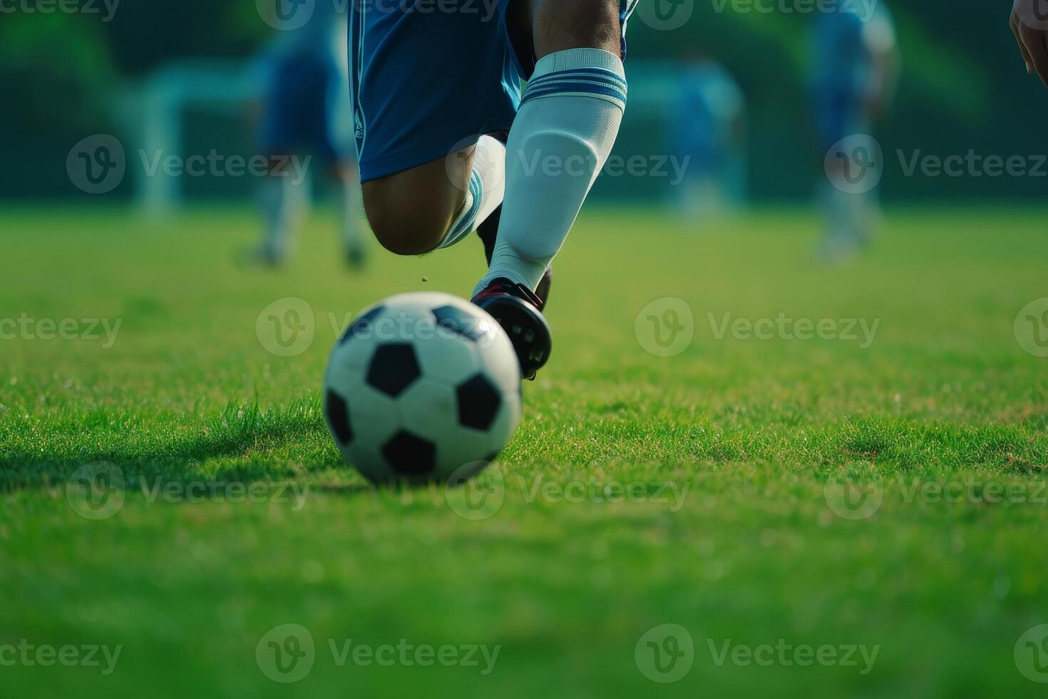 AI generated Close-up,The striker shows off dribbling skills in stadium, Generative AI photo