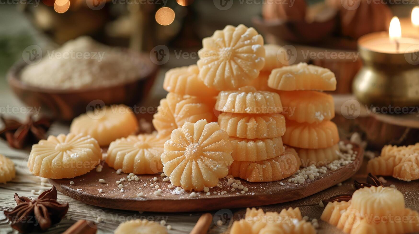 AI Generated Assorted semolina maamoul cookies, awameh and lokma with dallah and crescent moon decorations for Eid al Adha, Eid al Fitr, and Ramadan. photo