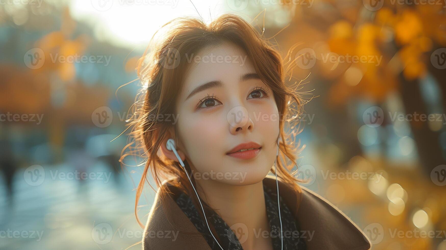 AI Generated This photo intentionally uses 35mm grain while showing a Chinese businesswoman looking sideways while waiting for a cab in the morning. A young woman listening to music with earphones in