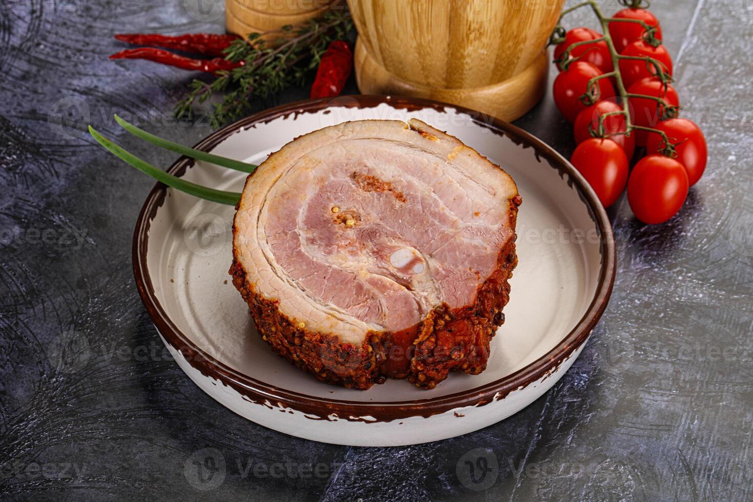 Tasty and fat smoked pork belly photo