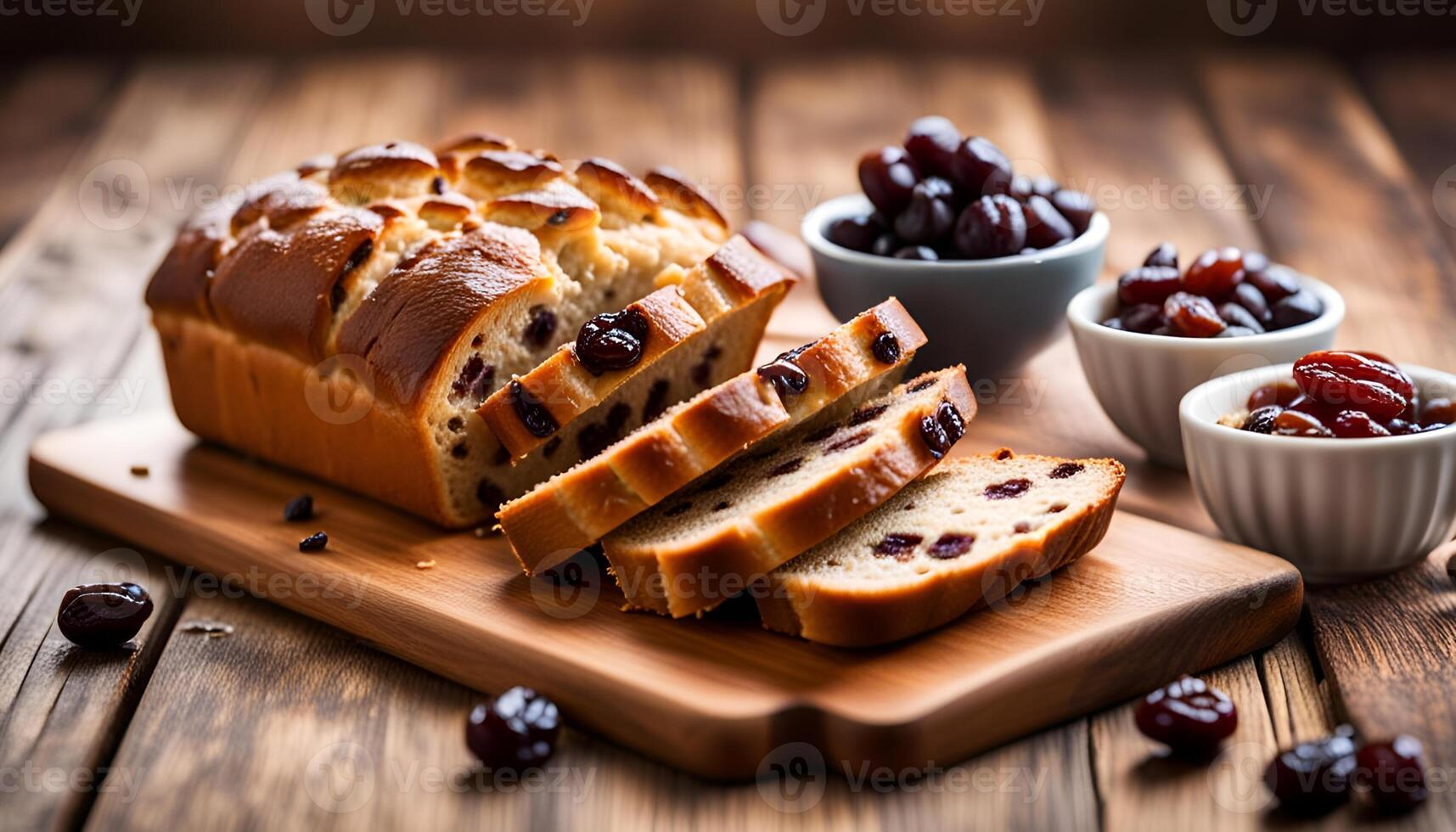 AI generated Raisin bread on a wooden table. photo