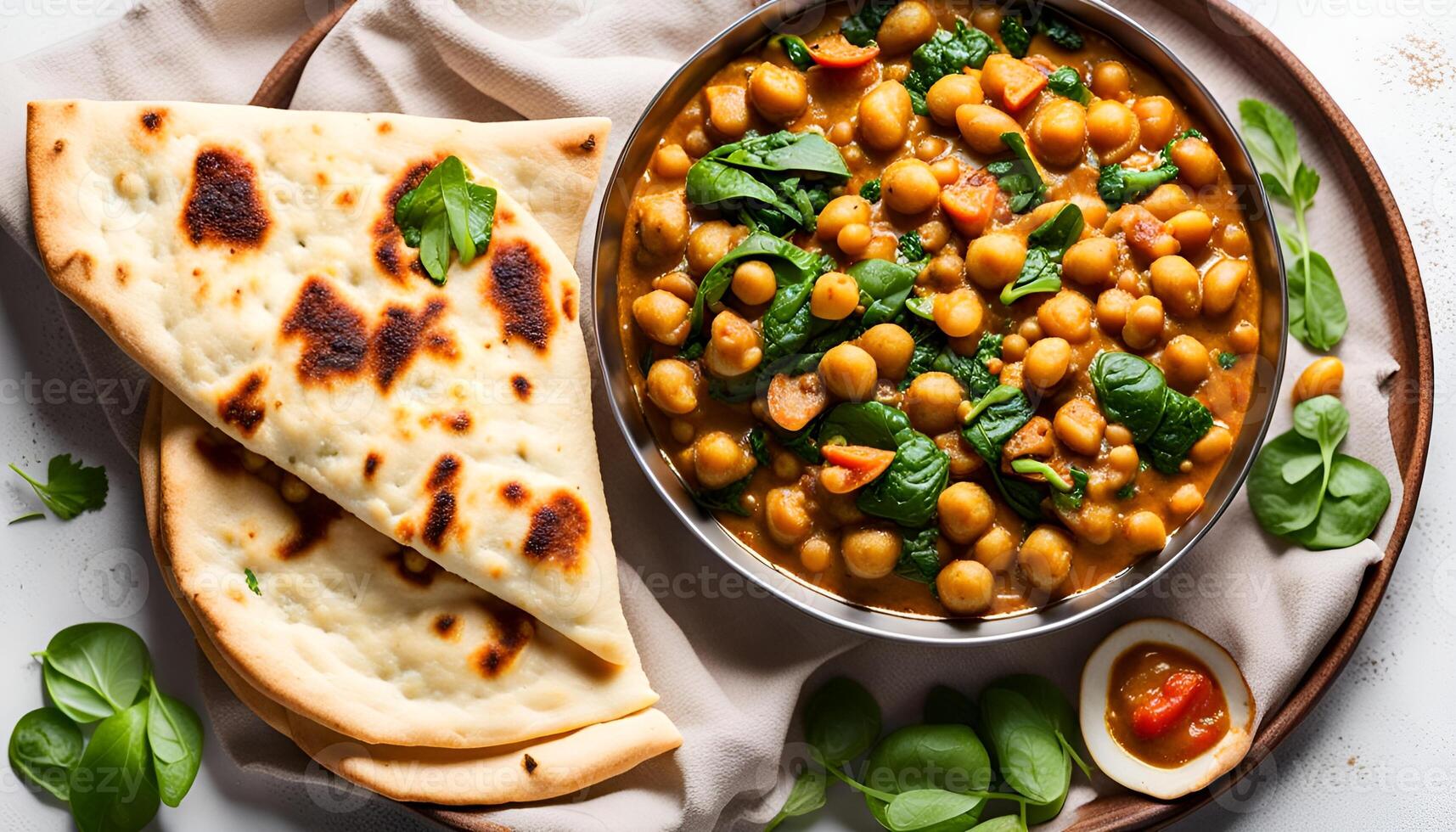 AI generated Vegetarian chickpea, spinach, potato curry plate and naan flatbread on white background, top view. Indian healthy food photo