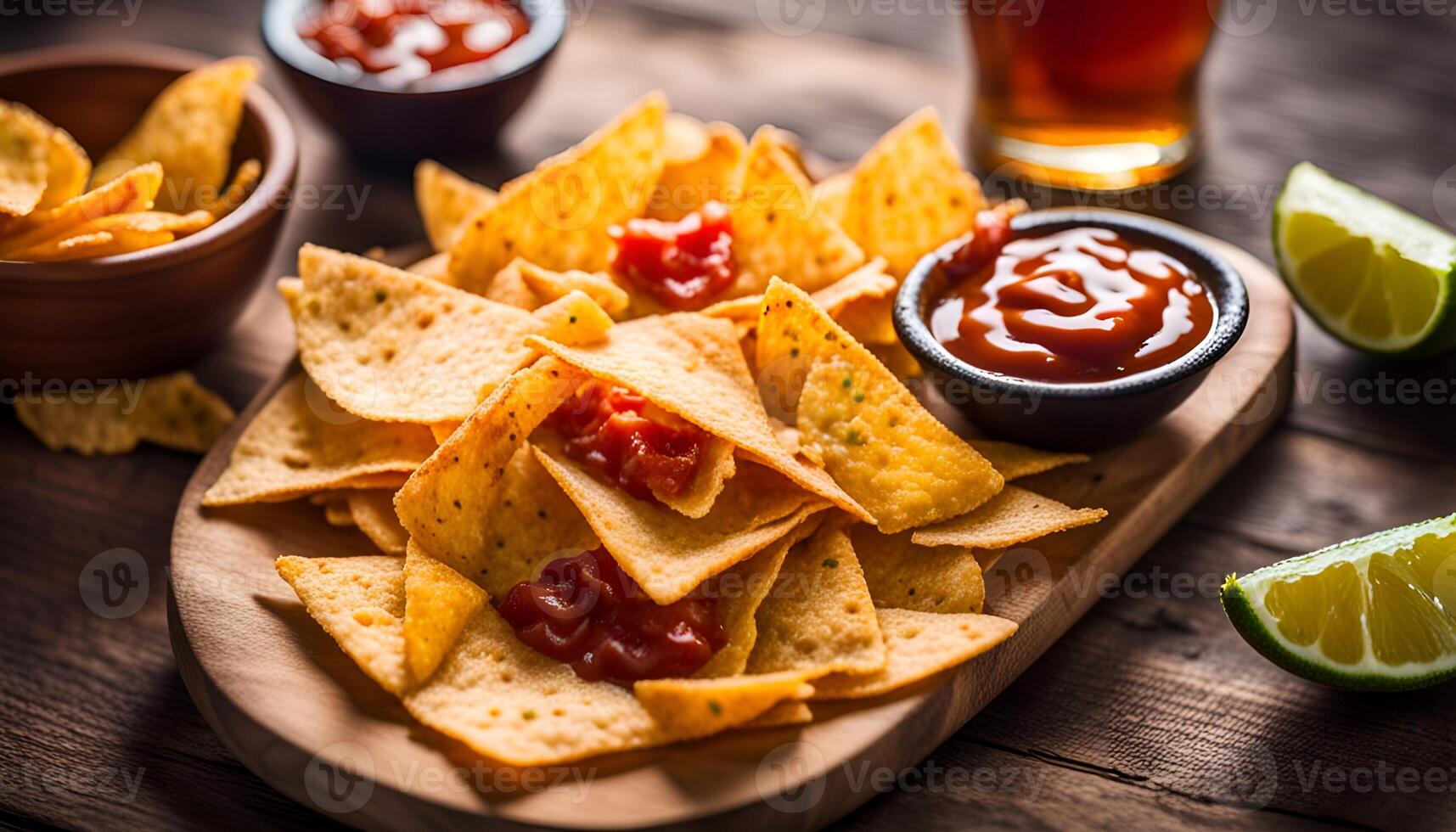 AI generated Mexican nachos chips with ketchup and beer photo