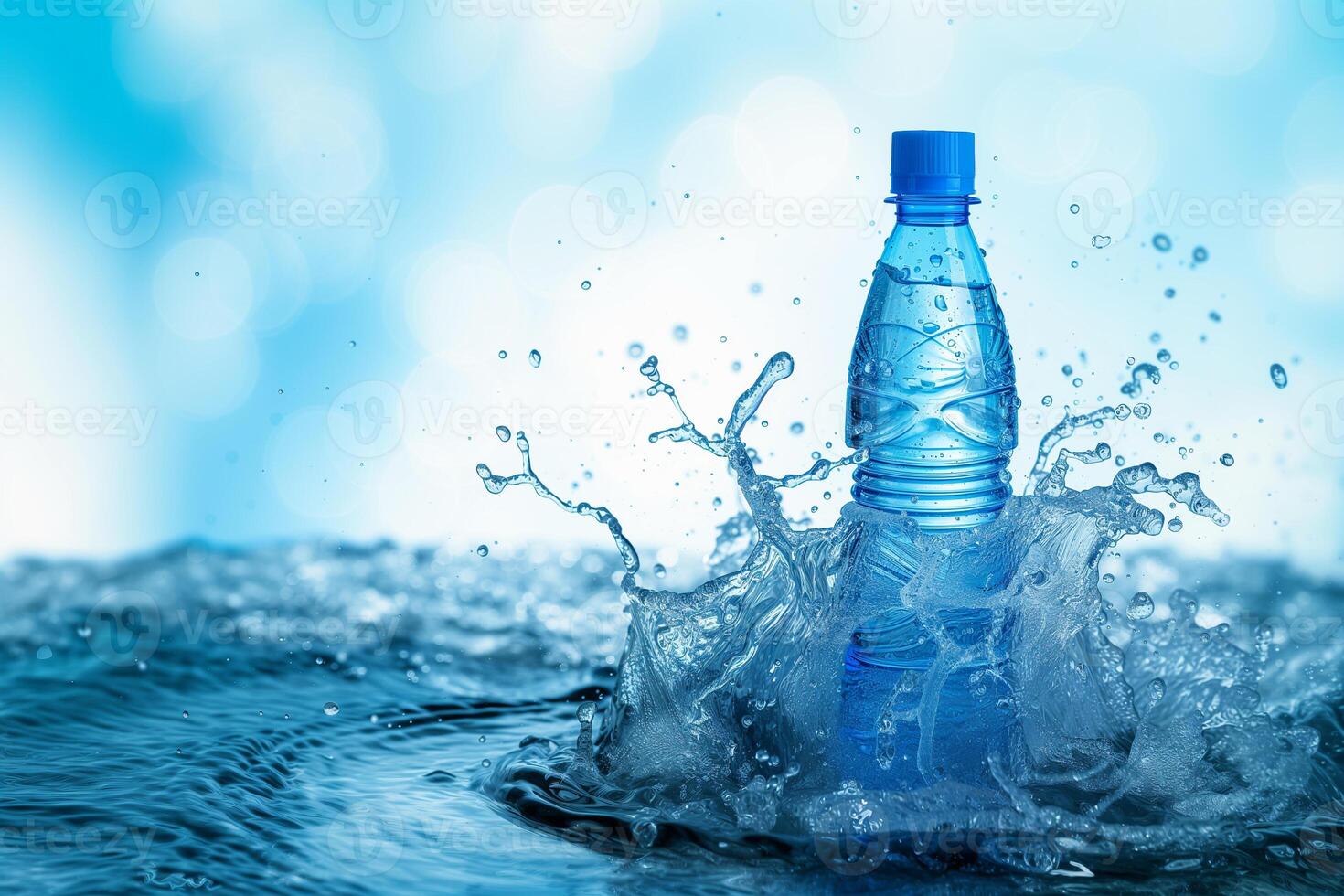 AI generated blue bottle of mineral water in water splashes photo