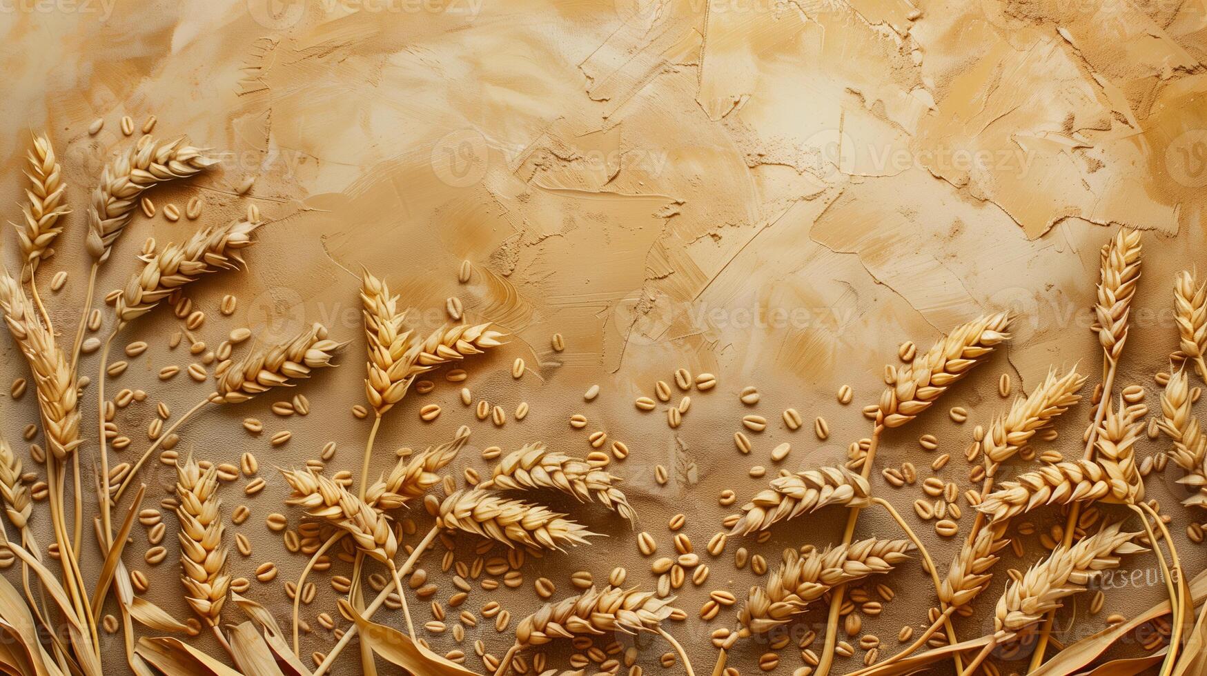 AI generated ears of wheat on a brown background, top view, copy space photo