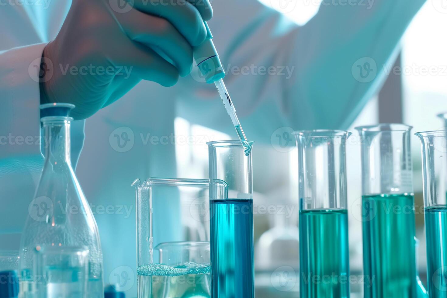 AI generated hands of a laboratory assistant collecting liquid from a test tube with a pipette photo