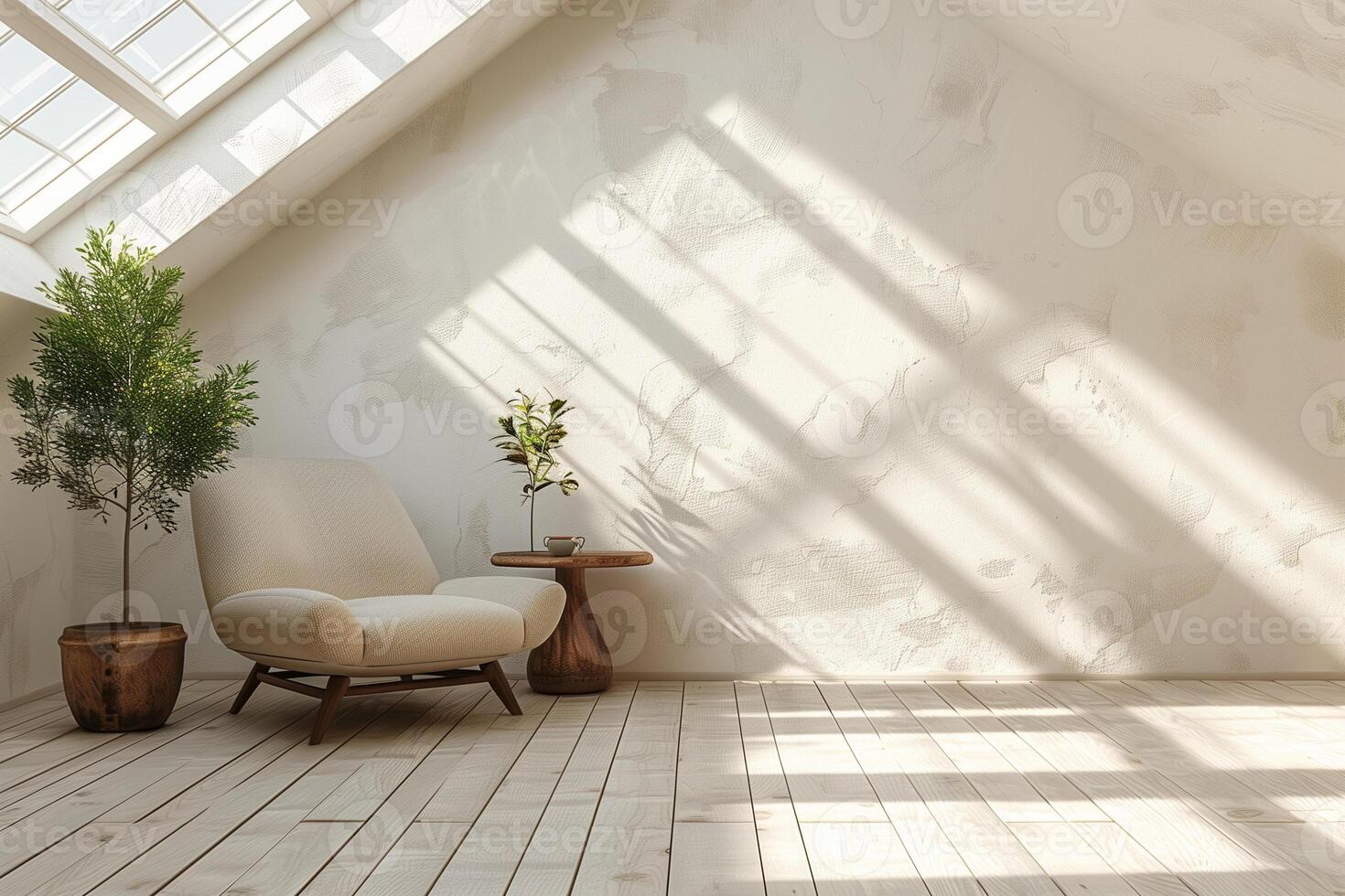 AI generated interior of an empty white living room in the attic with a skylight and an armchair photo