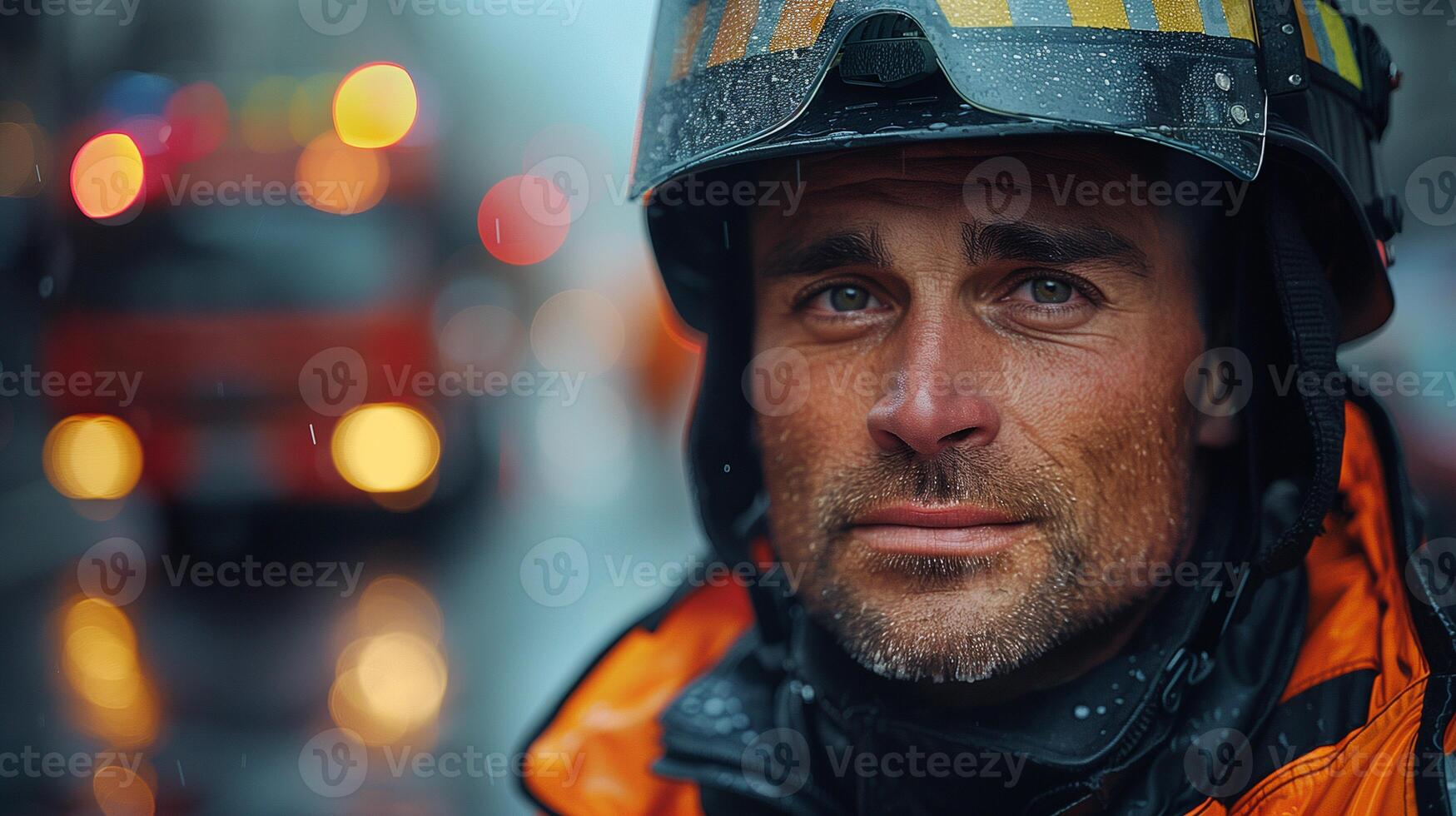 AI generated Portrait of a tired fireman standing in front of fire trucks. photo