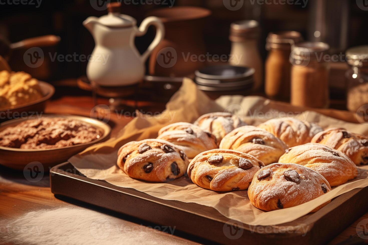 AI generated homemade fresh baked goods on a baking sheet against the backdrop of a cozy kitchen photo