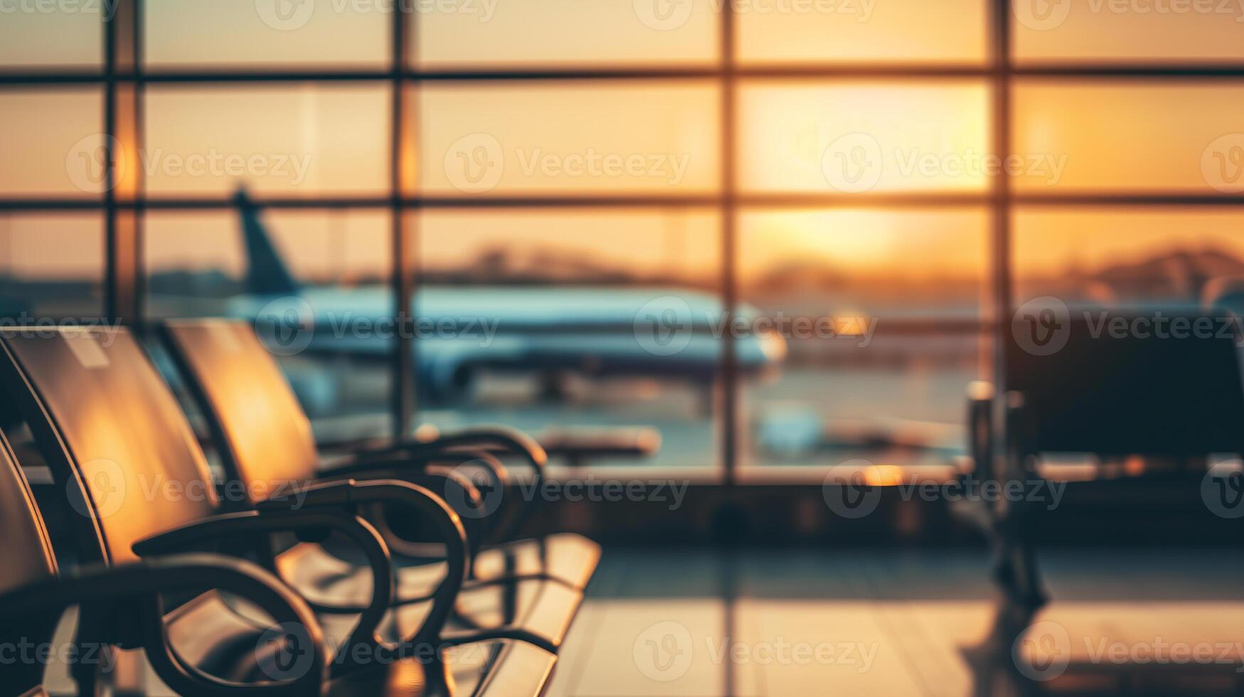 AI generated rows of empty seats in an airport waiting room against a background of a panoramic window overlooking airplanes photo