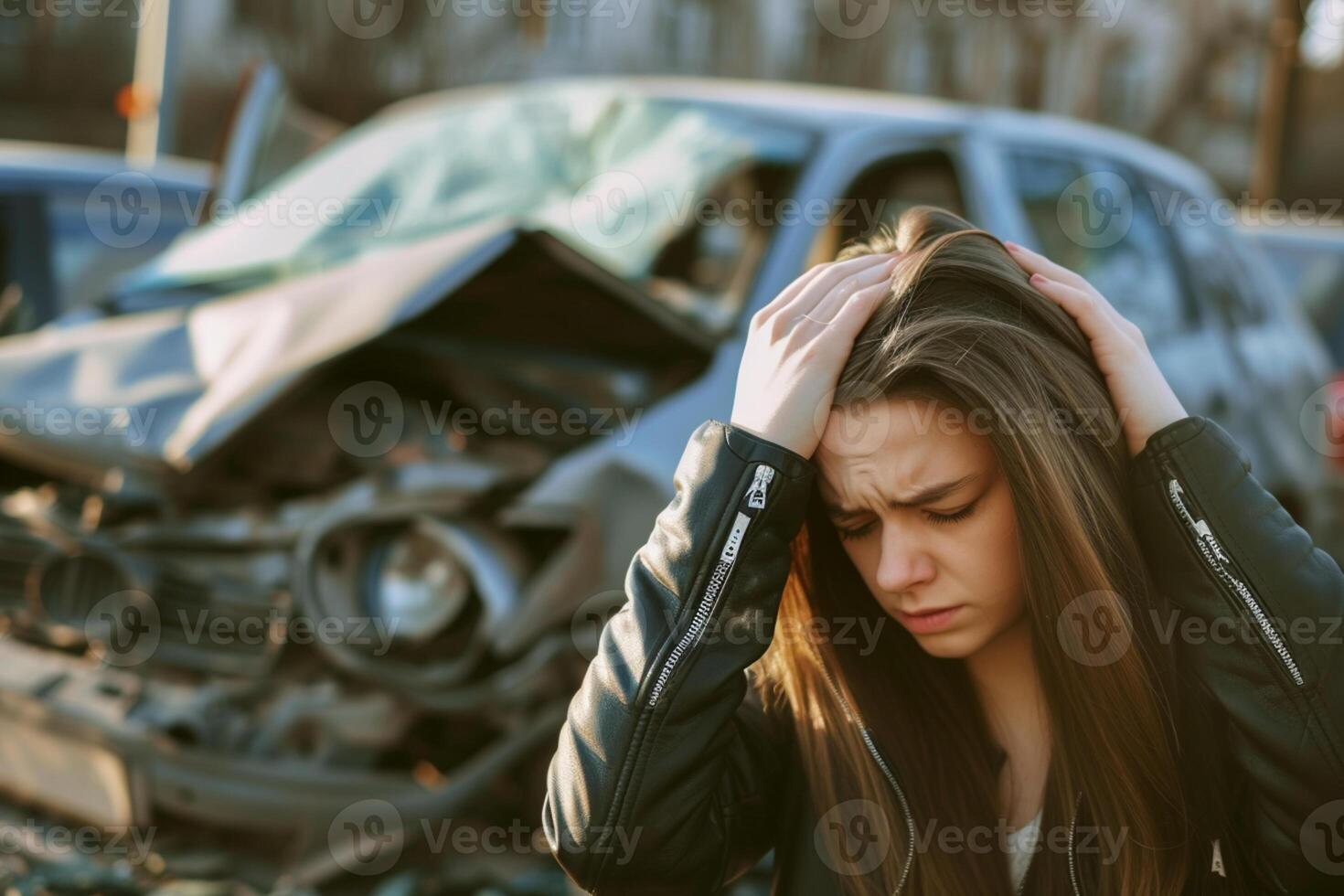 ai generado un mujer sostiene su cabeza con su manos en contra el antecedentes de un roto auto, un coche accidente en un ciudad calle foto