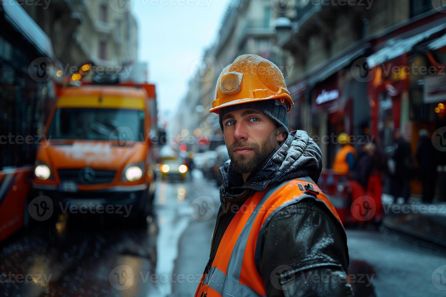 ai generado retrato de un trabajador en un naranja casco y un reflexivo chaleco en el antecedentes de el ciudad calle foto