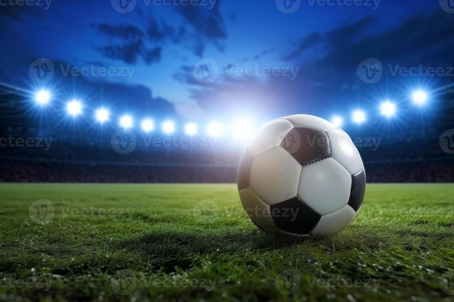 ai generado de cerca de fútbol pelota en el estadio en el noche luz, generativo ai foto