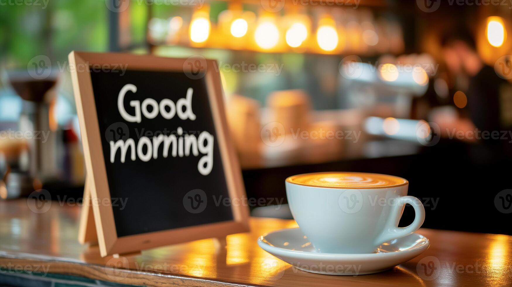 AI generated Coffee cup and chalkboard with good morning text on table in cafe photo