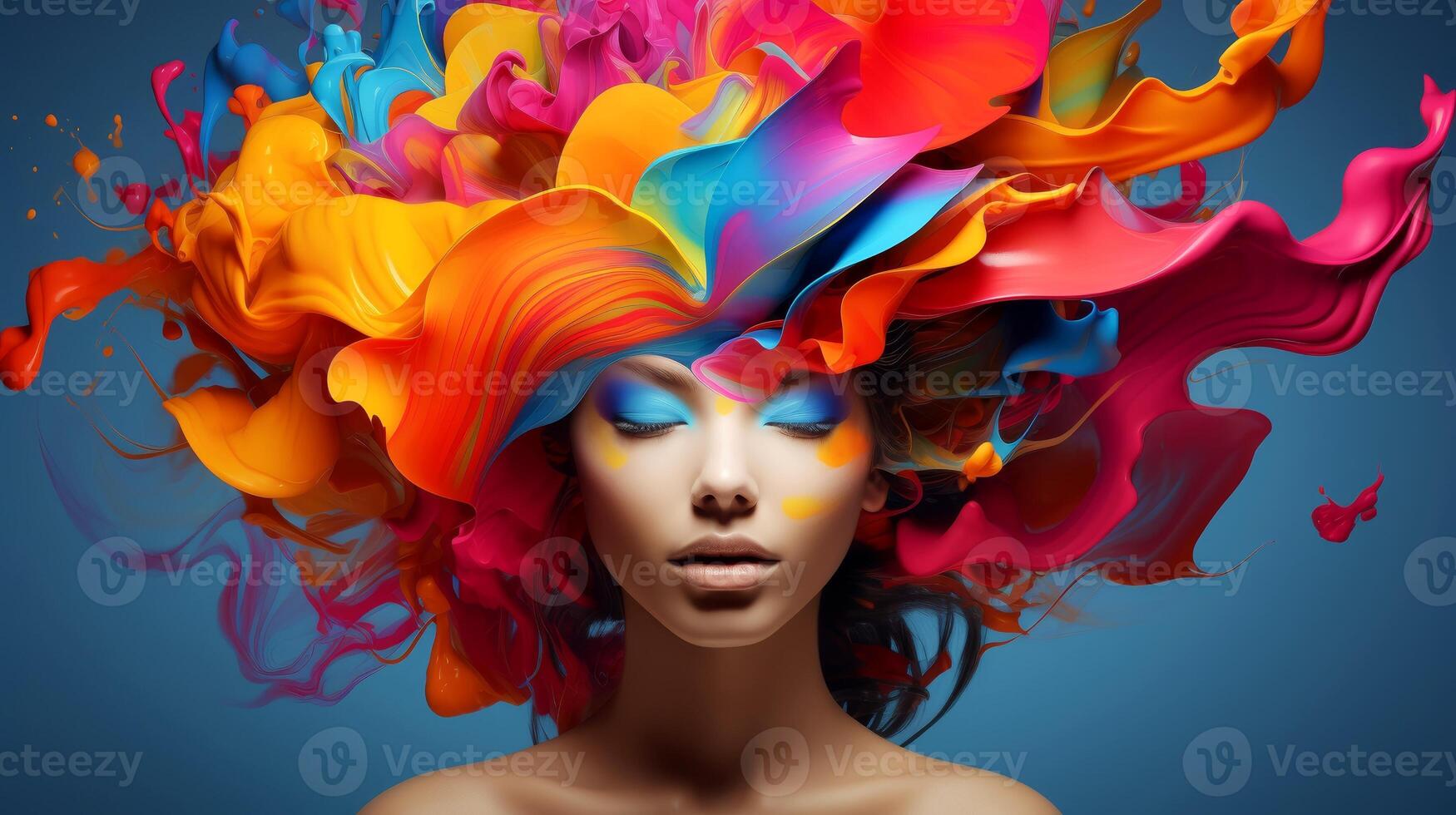 AI generated Woman face adorned with flowing paint art, multicolor explosion, Generative AI photo