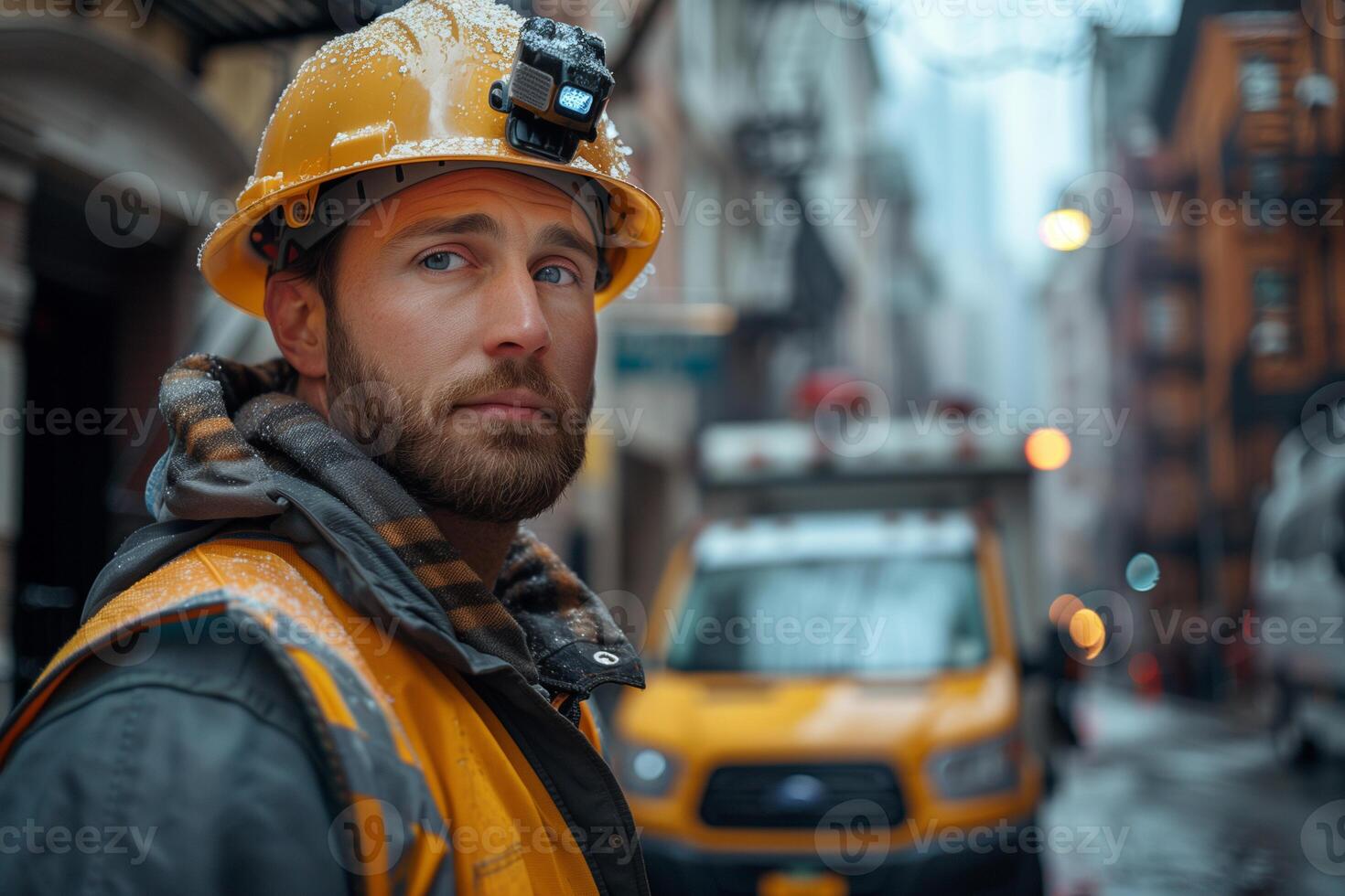 AI generated portrait of a worker in an orange helmet and a reflective vest on the background of the city street photo