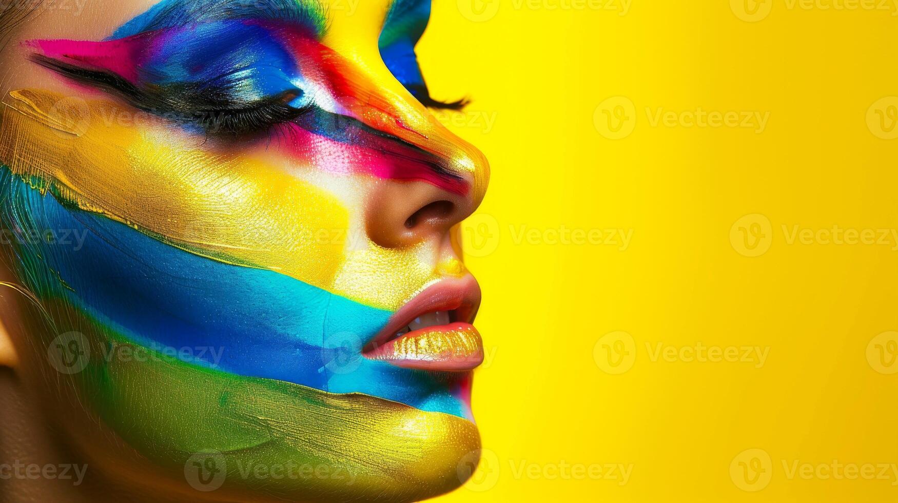 ai generado de cerca, bonito cara de un hermosa mujer con multi colores vívido maquillaje en mínimo fondo, generativo ai foto