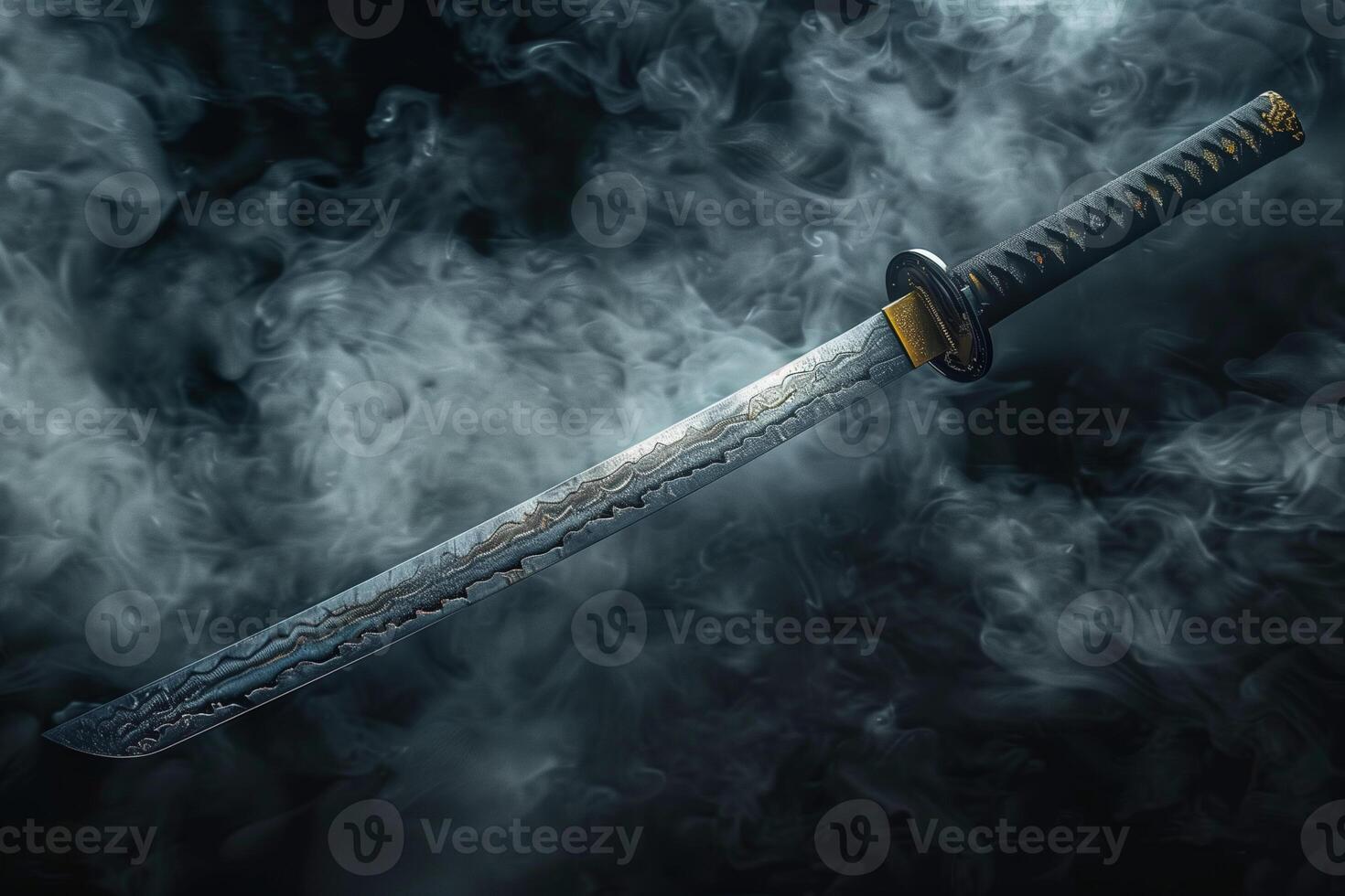 AI generated Japanese samurai sword katana on a black background. Selective focus. Shallow depth of field photo