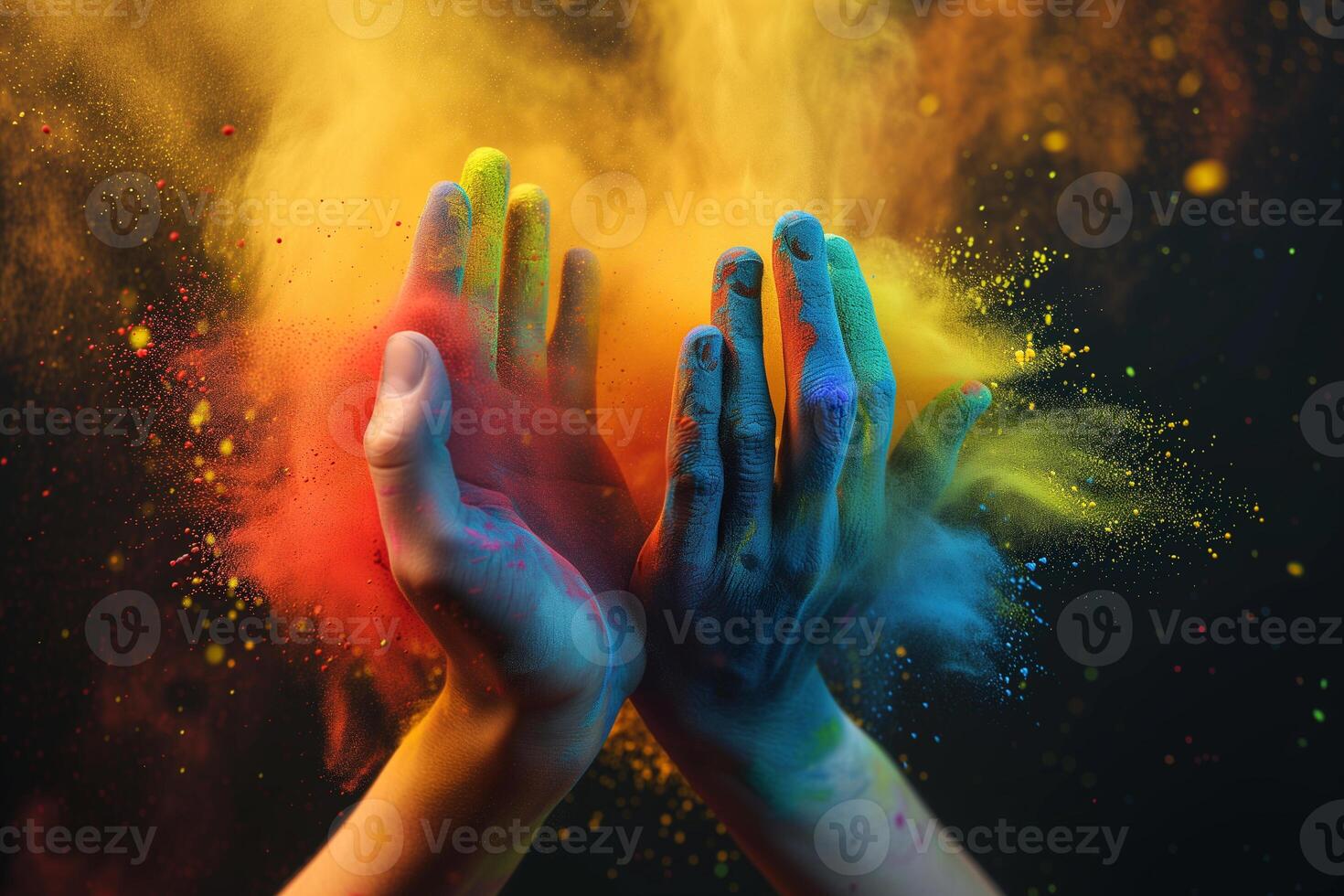 AI generated Colored paint powder spills in different directions from the clapping of hands, Holy festival in India photo