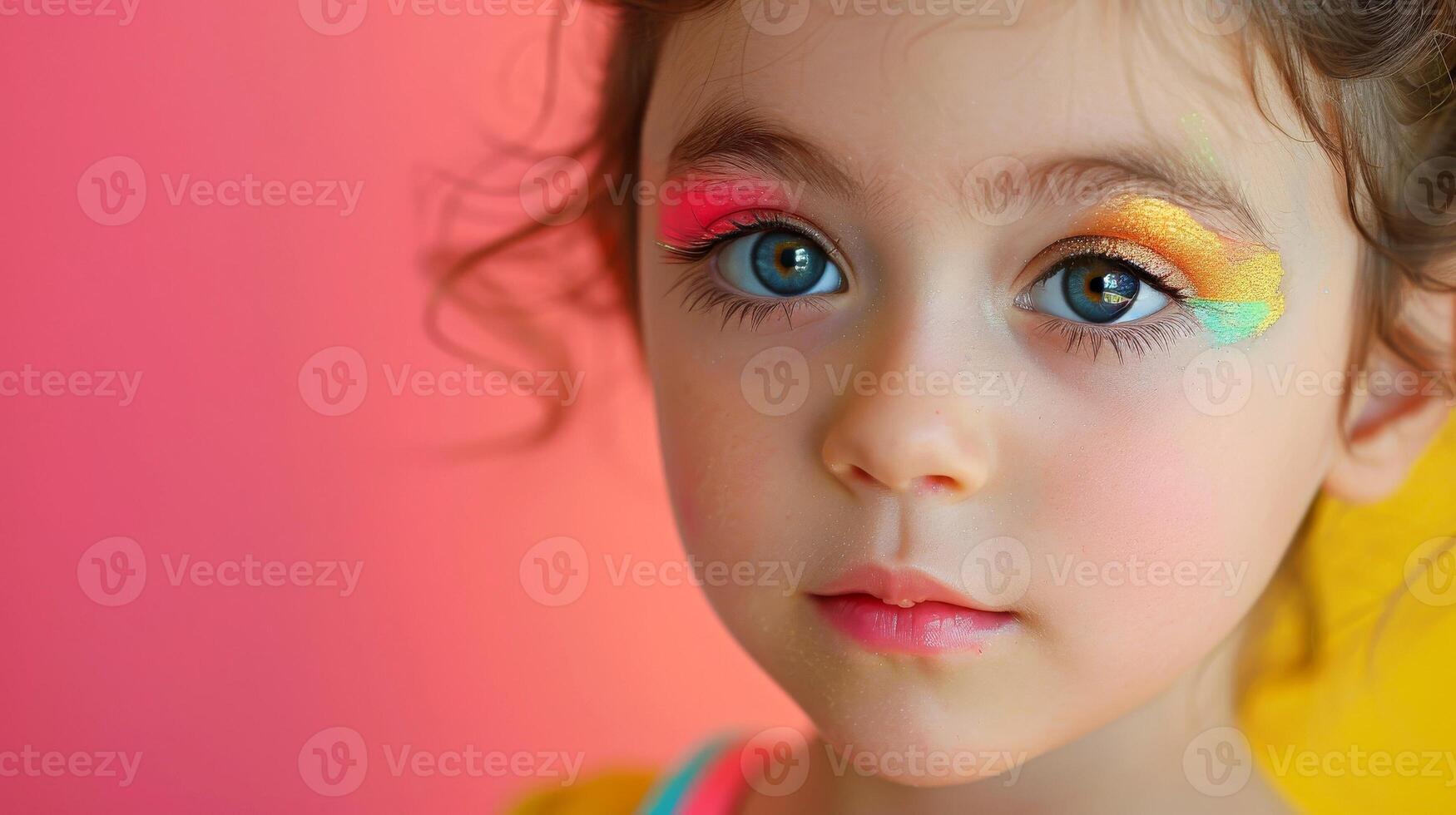 AI generated Close-up, Pretty face of a beautiful child girl with multi colors vivid makeup on minimal background, Generative AI photo